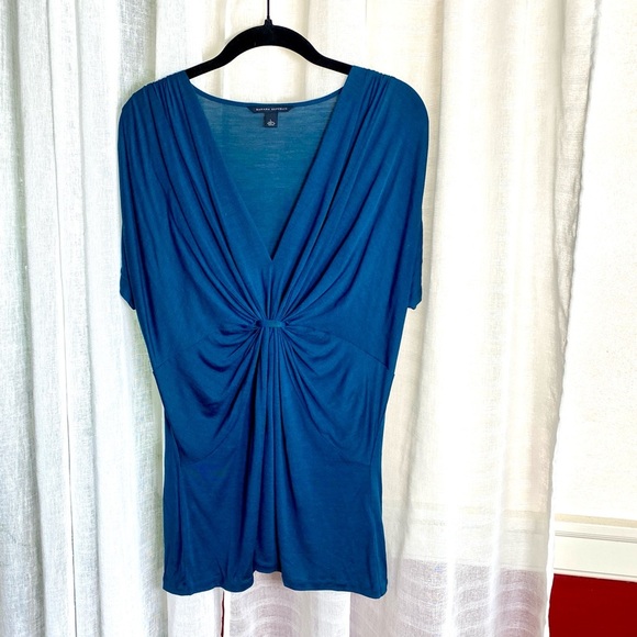 Banana Republic Women's Blue Green Silk V-Neck Ruched Short Sleeve Top Size L - Picture 2 of 9